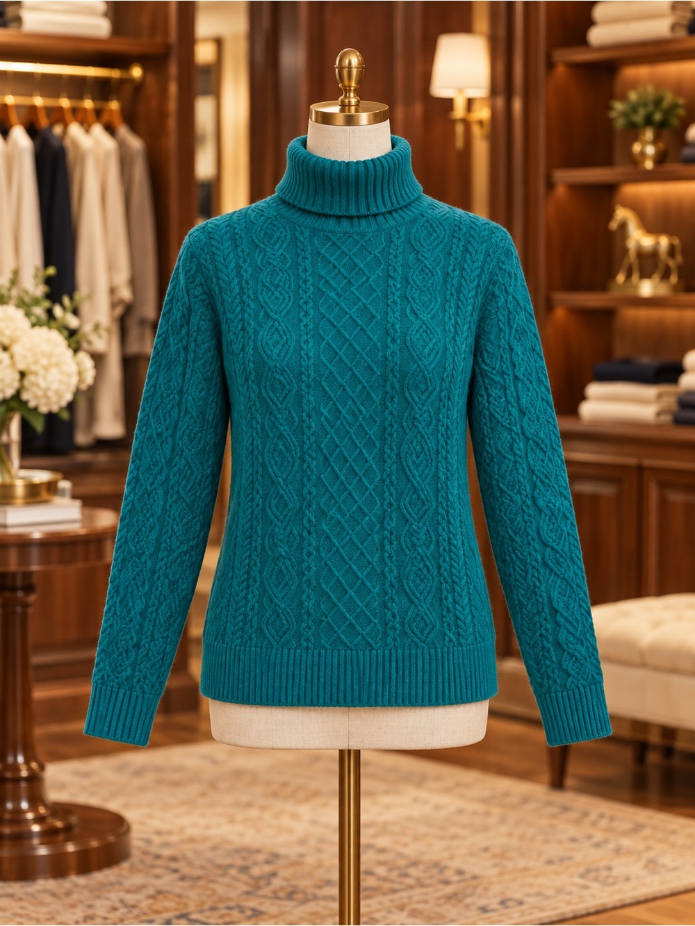 Lands' End Teal Cable-Knit jade green Turtleneck Sweater S